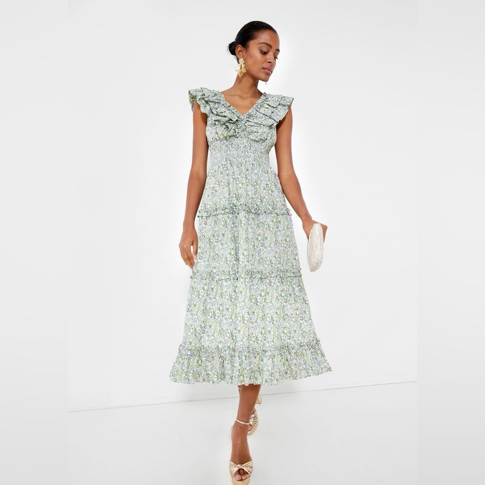 NWT Hyacinth House Green Floral Ruffle V-Neck Rhodes Midi Dress